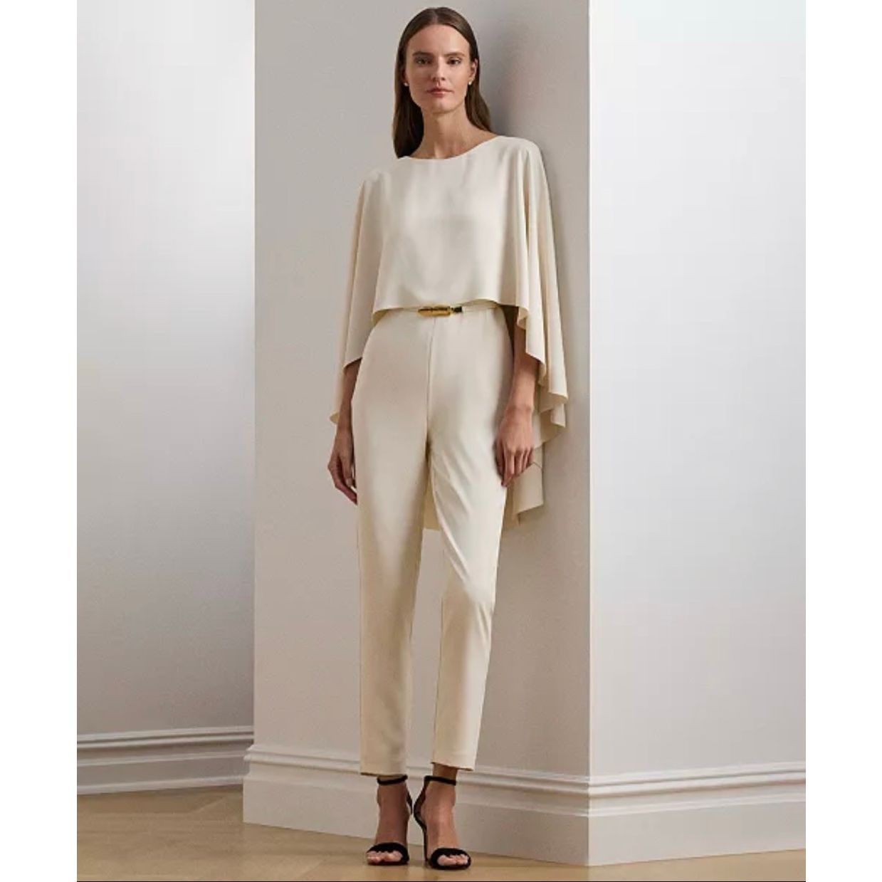 Lauren Ralph Lauren Belted Cape Georgette Jumpsuit Mascrapone Cream 0